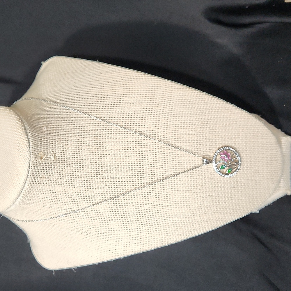 NWOT! Deco Jewel Pink Flower w/ Leaves Enamel Pendant Sterling Silver Necklace - Picture 6 of 8